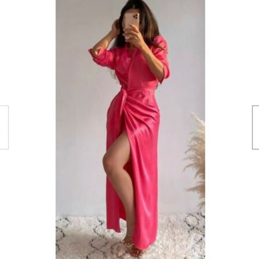ZARA LIMITED EDITION SHIRT DRESS TIE DETAIL FUCHSIA M REF.7732/423 BLOGGERS